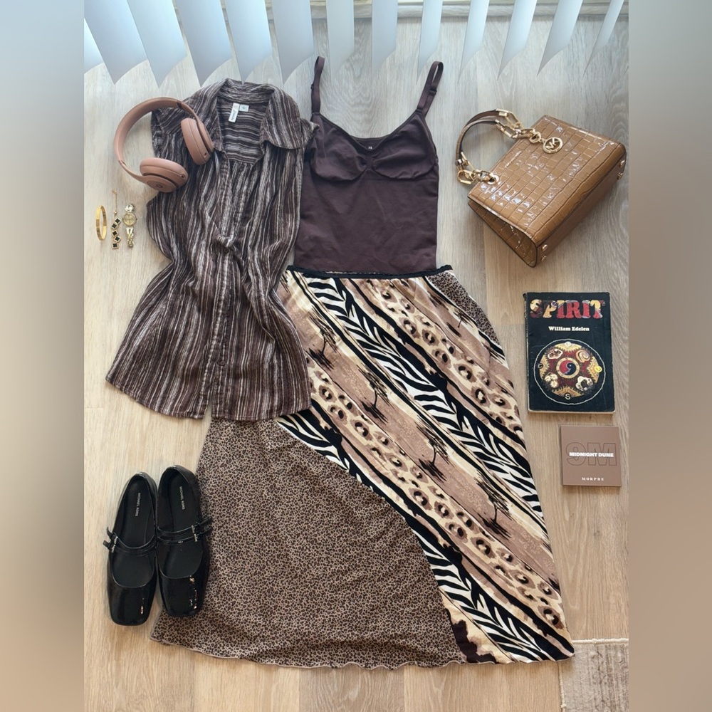 Mixed Brown Animal-Print Midi Slip Skirt